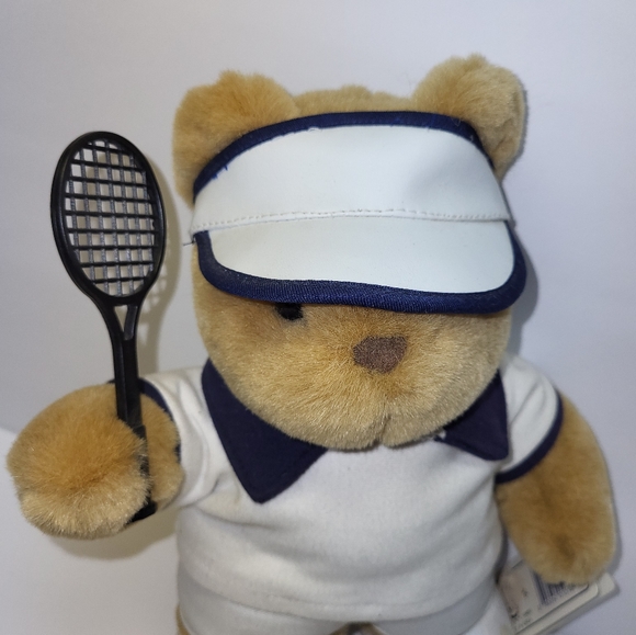 Tennis Pro Tan Teddy Bear Plush Vintage White outfit with Black Racket Golf Bear - Picture 8 of 10